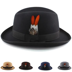 Men Women Feather Band Wool Blend Homburg Hats Woolen Fedora Caps Trilby Sunhat Travel Party Adjustable UK M-L US 7 1/8-7 3/8