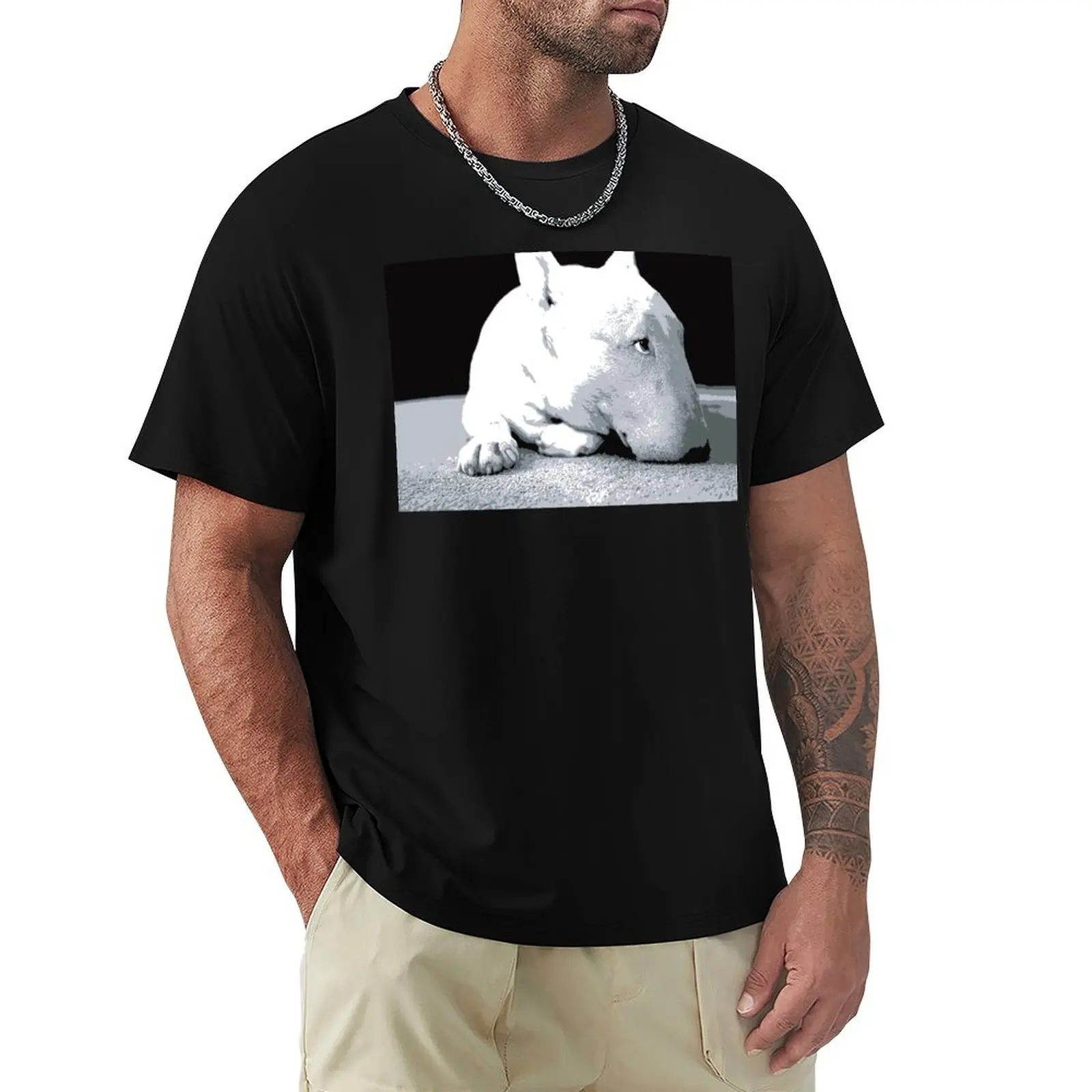 English Bull Terrier Dog, Black and White Pop Art Print T-Shirt Work Wear Breathable Tee