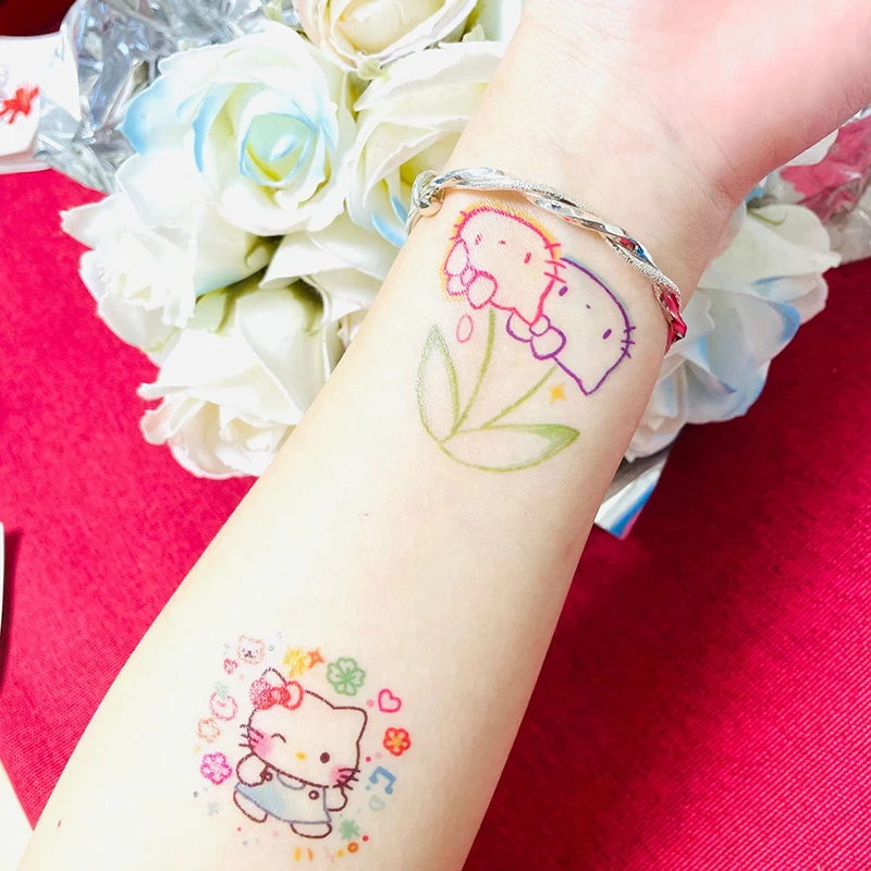 Sanrio-pegatina de brazo de tatuaje de Color impermeable y duradera, personajes de dibujos animados, Hello Kitty, tatuajes temporales para niños, calcomanía