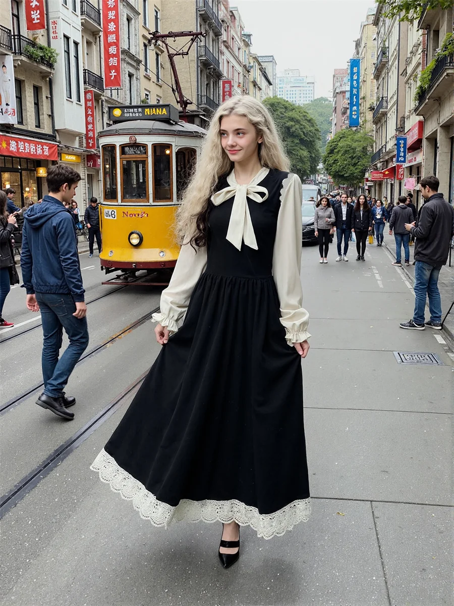 Vestidos de mujer negro Línea A Patchwork otoño primavera patrón una línea cintura imperio solapa hueca ropa de trabajo tela corsé elegante