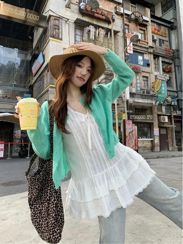 

Нежный кружевной комплект: топ на бретельках и юбка миди из полиэстера для женщин, летний, свободный крой, для повседневной носки