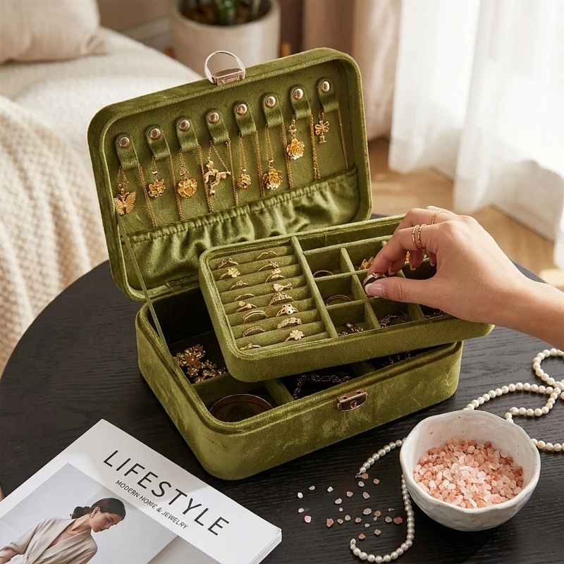 Velvet Jewelry Storage Box 2 Layer Jewelry Organizer Case Portable Ring Earrings Storage Boxes Large Capacity Necklace Cases