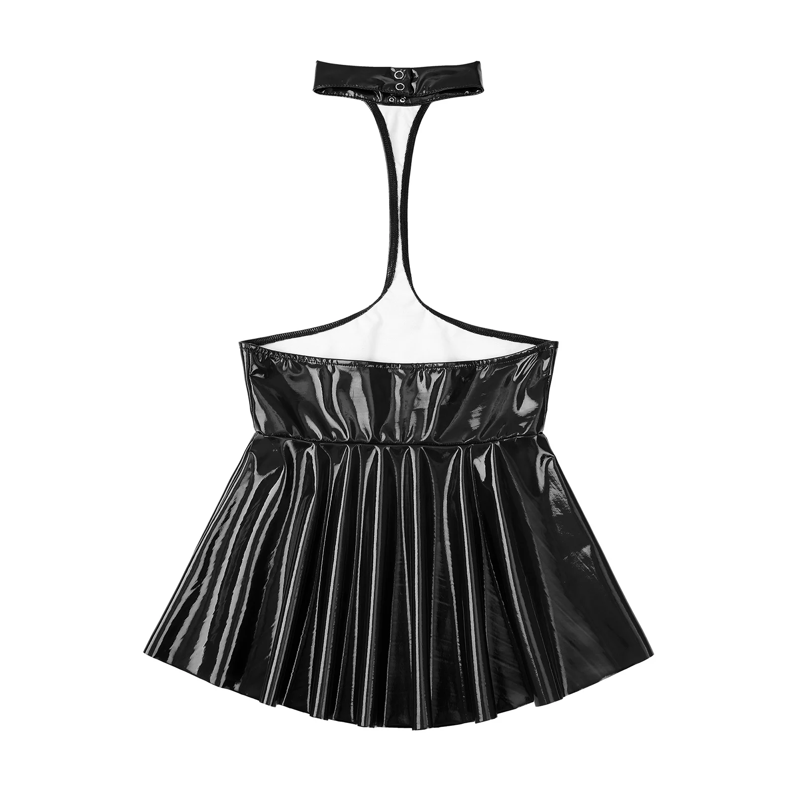 Womens Halter Sexy Club Latex Dress with 2 Press Buttons Open Chest Halter Ruffled Wet Look Patent Leather Latex Dress Clubwear