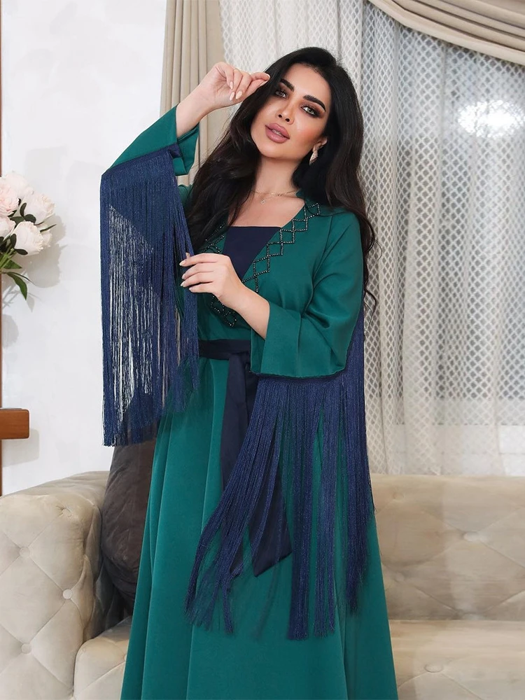 Women Eid Muslim Abaya Party Dress Tassel Ramadan Morocco Kaftan Islam Diamonds Long Robe Gorgeous Jalabiya Loose Abayas 2024