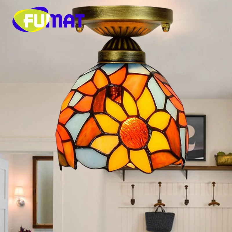 FUMAT Tiffany style stained glass 6 inch blue sunflower Pendant lamp ceiling light for bedroom hallway hallway balcony decor