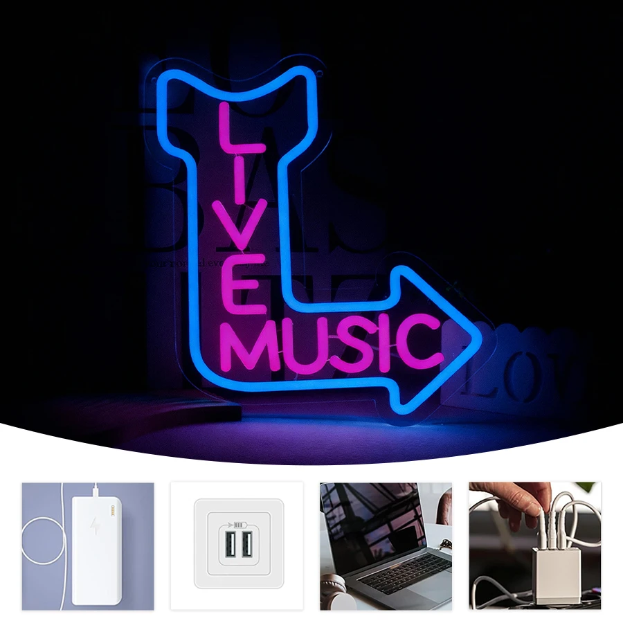 لافتة نيون Led للموسيقى الحية، أيقونة الحروف، تعمل بمنفذ USB، تستخدم لتزيين الغرف والحانات والنوادي واستوديوهات الموسيقى واستوديوهات التسجيل.