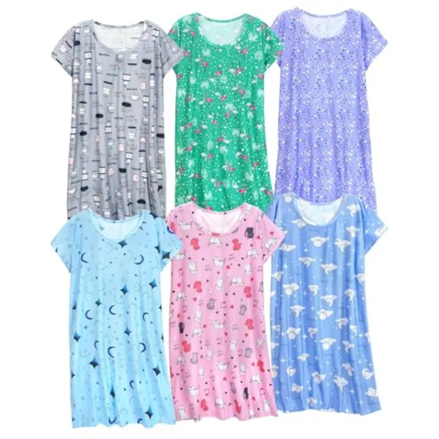

XPUDAC 6-Pack Nightgowns for Women Soft Sleepwear Short Sleeve Women's Nightgowns Print Sleepdress