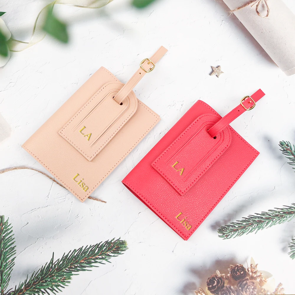 Étiquette de bagage anti-perte en cuir pu avec lettre personnalisée + ensemble de deux pièces pour porte-documents et passeports de voyage