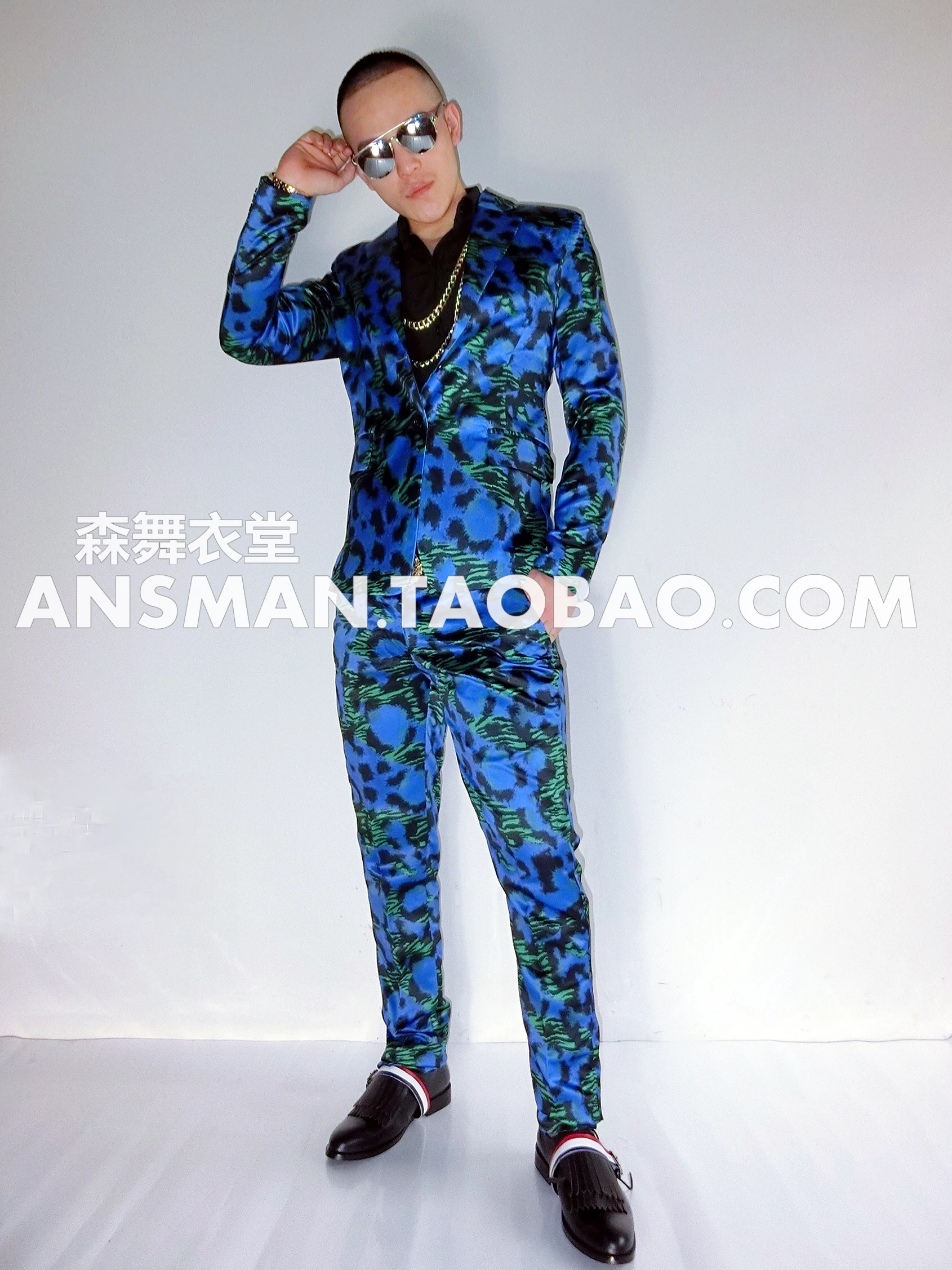 British Style New Nightclub Bar DJ Blue-Green Leopard Print Fashion Suit Men's Spring And Autumn Casual Performance Clothing