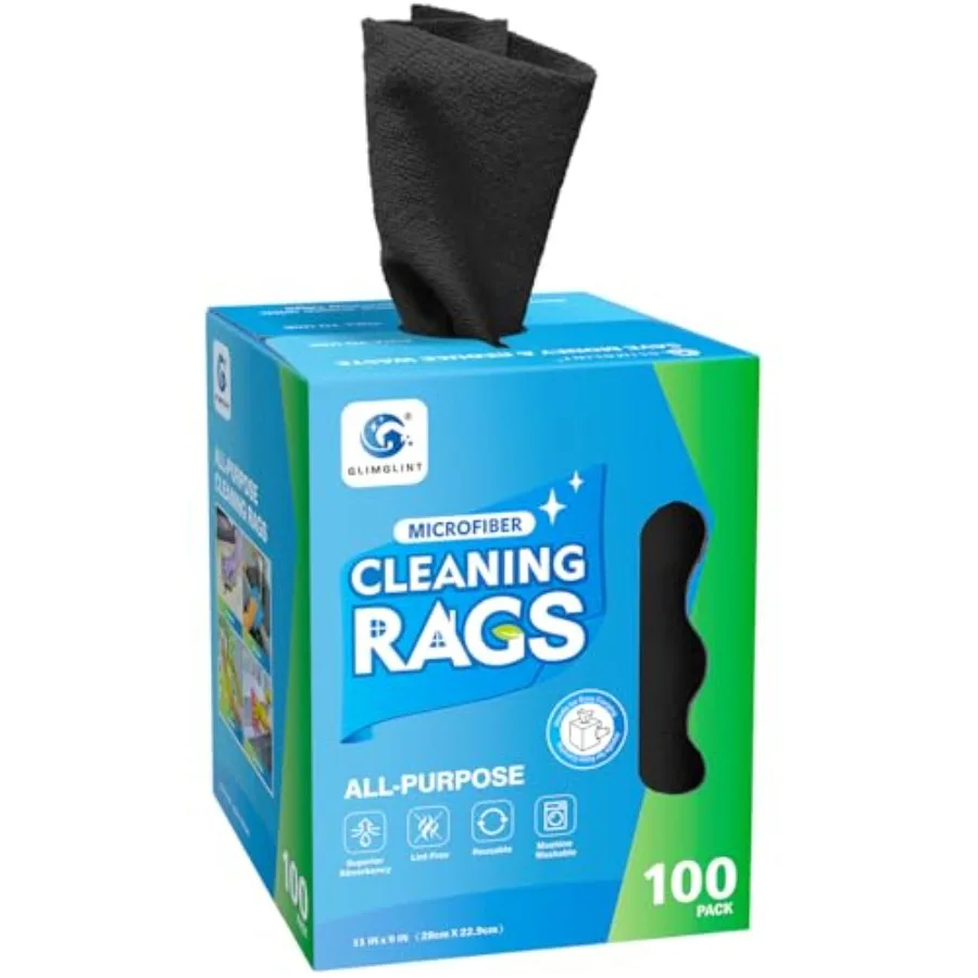 

Black Microfiber Cleaning Cloth 100 Pack Cleaning Rags Lint-Free Ultra Absorbent Reusable Paper Towels for Home Kitchen Car Gar