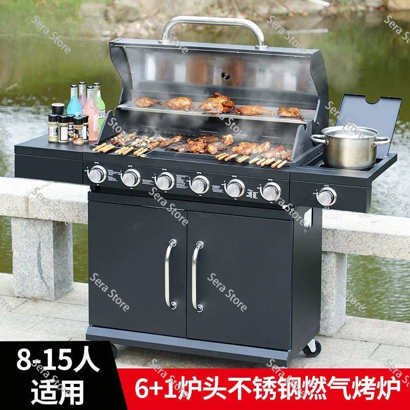 Outdoor BBQ Grill Stainless Steel Gas Barbecue Grill with Wheels Multifunctional Patio Garden BBQ Stove Cooking Equipment