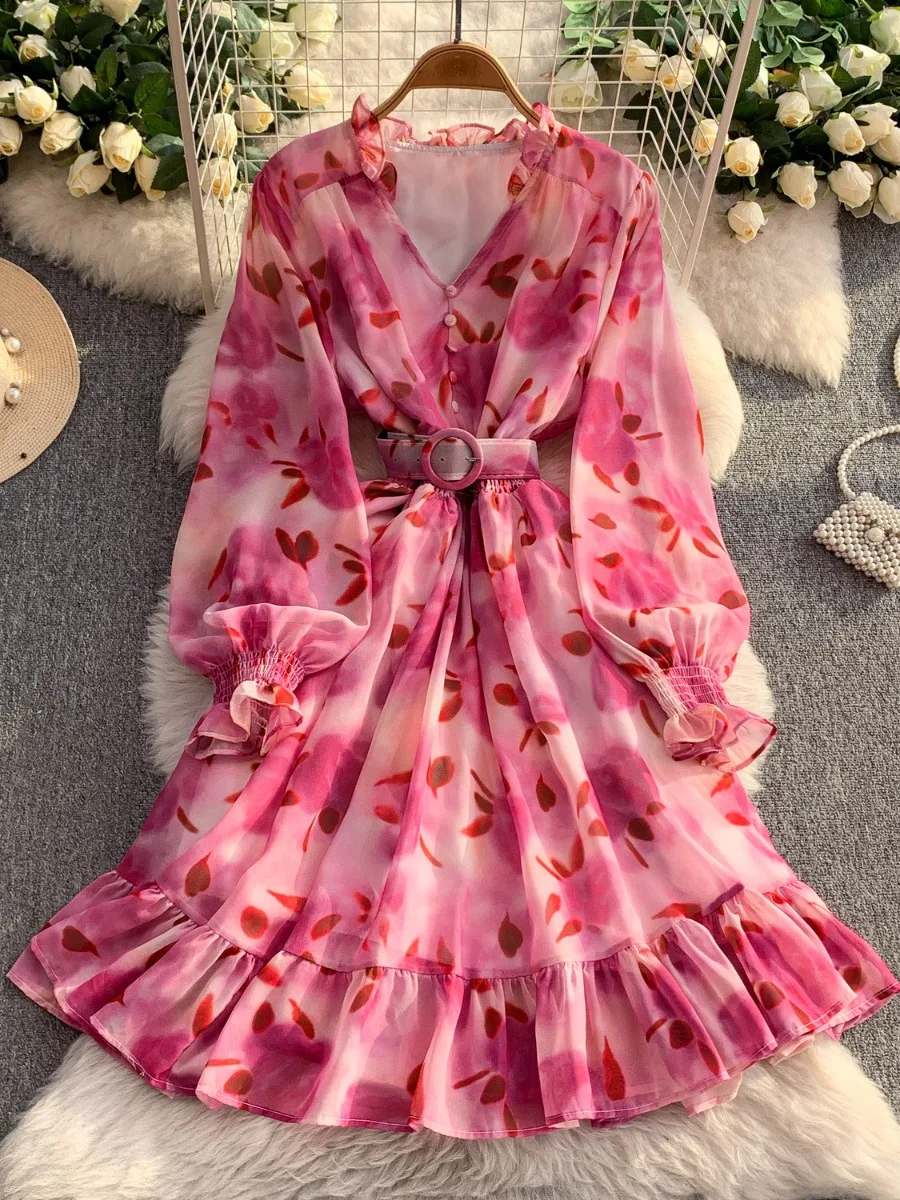 Foamlina 女性 V ネック花柄シフォンドレス長袖ネクタイウエストフリル裾スリムフレンチスタイルスリムフィット秋の摩耗