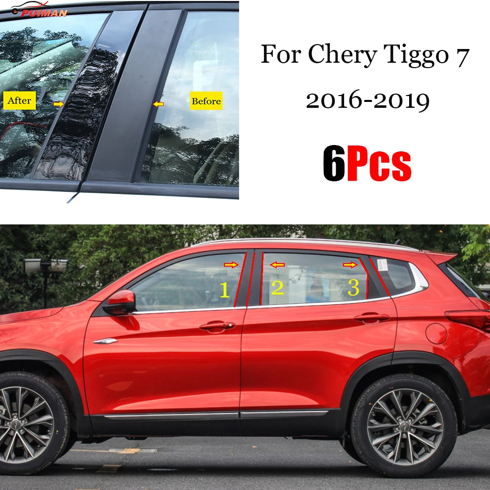 6PCS Car Central Middle Column PC Window Trims Decoration B C Pillar Strip For Chery Tiggo 7 2016 - 2019 Accessories