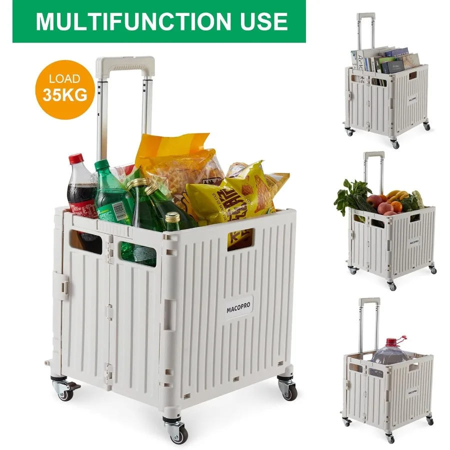 Foldable Utility Cart with Durable Heavy Duty Plastic Telescoping Handle and 4 Rotating Wheels for Portable Travel Shopping Lug