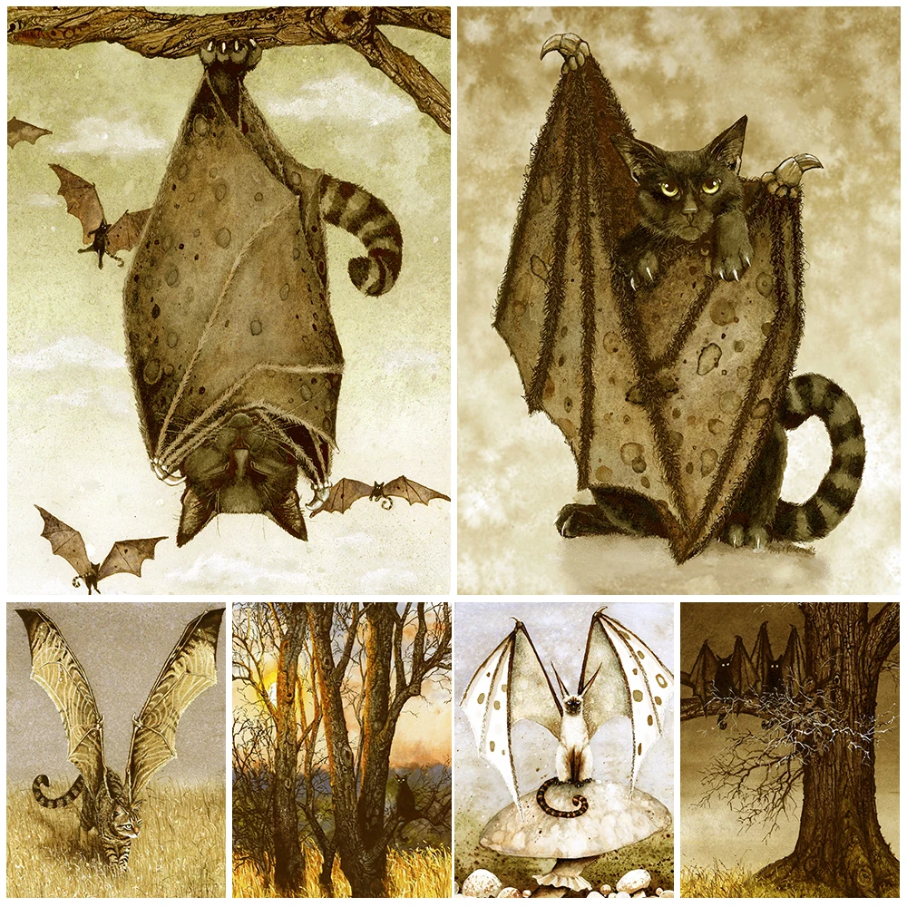 A Cat With Bat Wings Vintage Watercolor Wall Art Canvas Print Mysterious Vampire Cat Art Poster And Print Home Decor Unframed