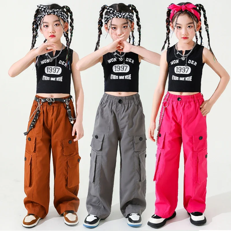 

Girls Summer Street Dance Wear Kids Hip Hop Cargo Pants Sleeveless T Shirt Crop Top Child Streetwear Costumes Jazz Stage Clothes