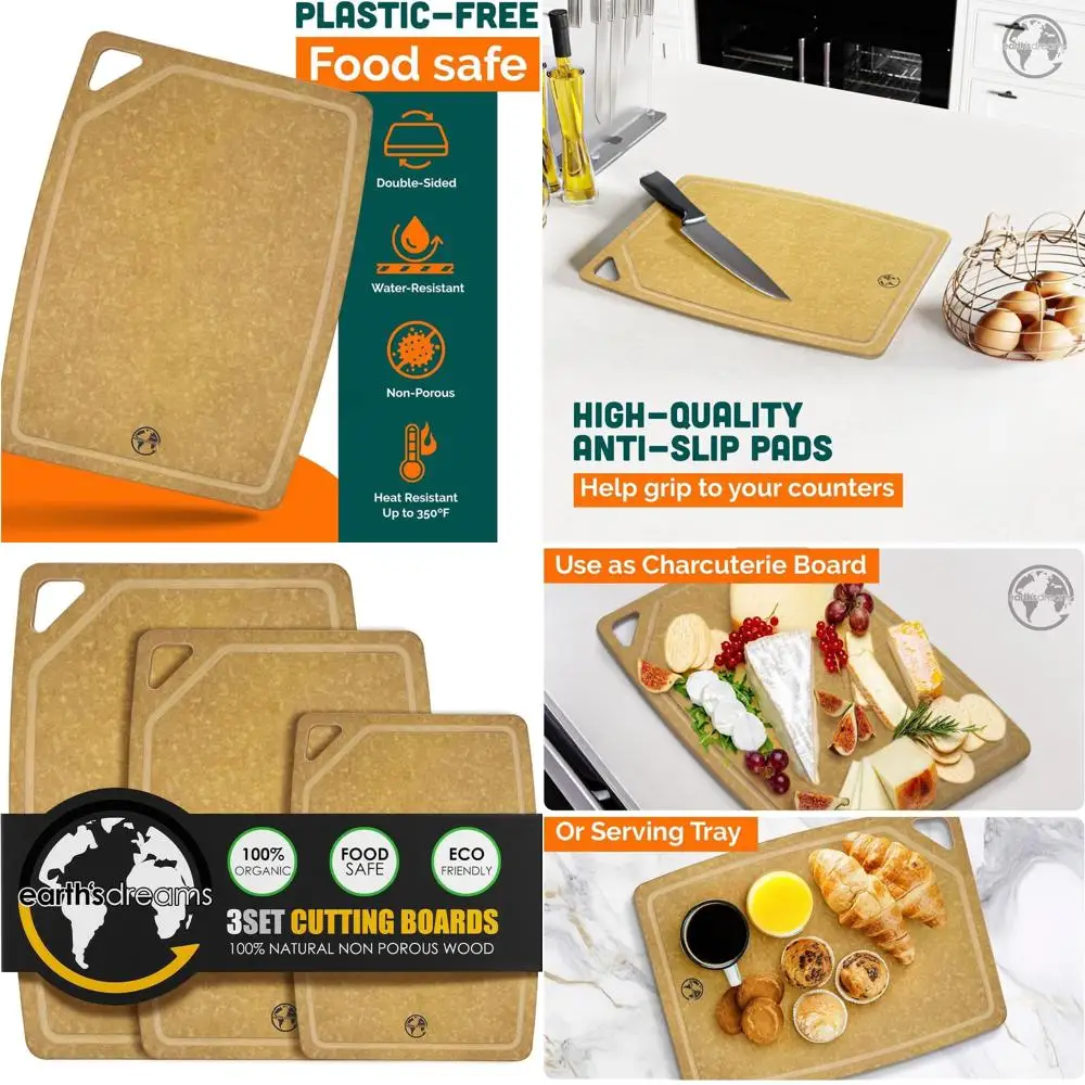 

3-Piece Wood Cutting Board Set: Charcuterie Boards, Non-Toxic, Heavy-Duty, Dishwasher Safe, Suitable for Small, Large, and Extra