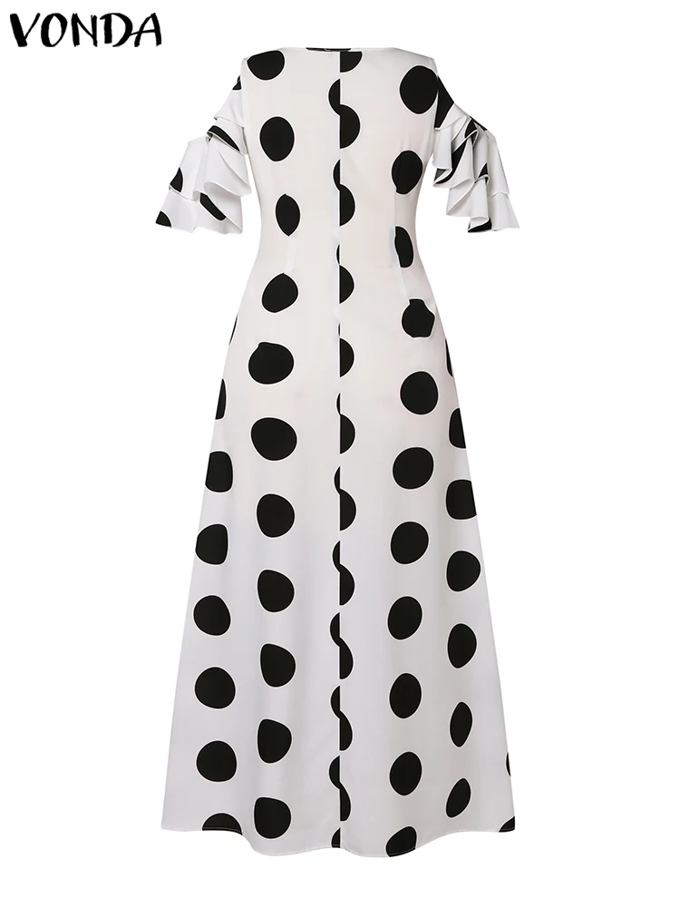 VONDA Plus Size Summer Polka Dot Long Dress Women Ruffled Sundress 2024 Bohemian Casual V-neck Hollow Short Sleeve Maxi Robe 5XL