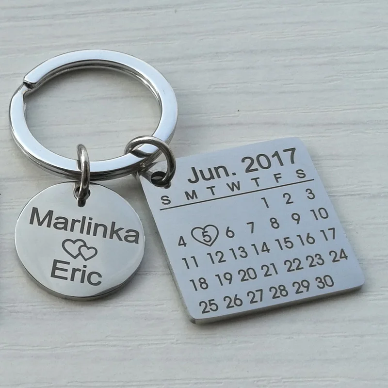 Personalized Calendar Keychain Engraved with Your Date Text Signature Keyring Hand Stamped Date with Heart Customize Key Chain