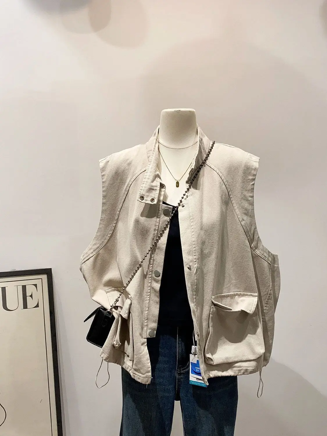 Women Spring Summer Chic Simple Stand Collar Cargo Vest Solid Cropped Sleeveless Waistcoat Casual Layering Outerwear
