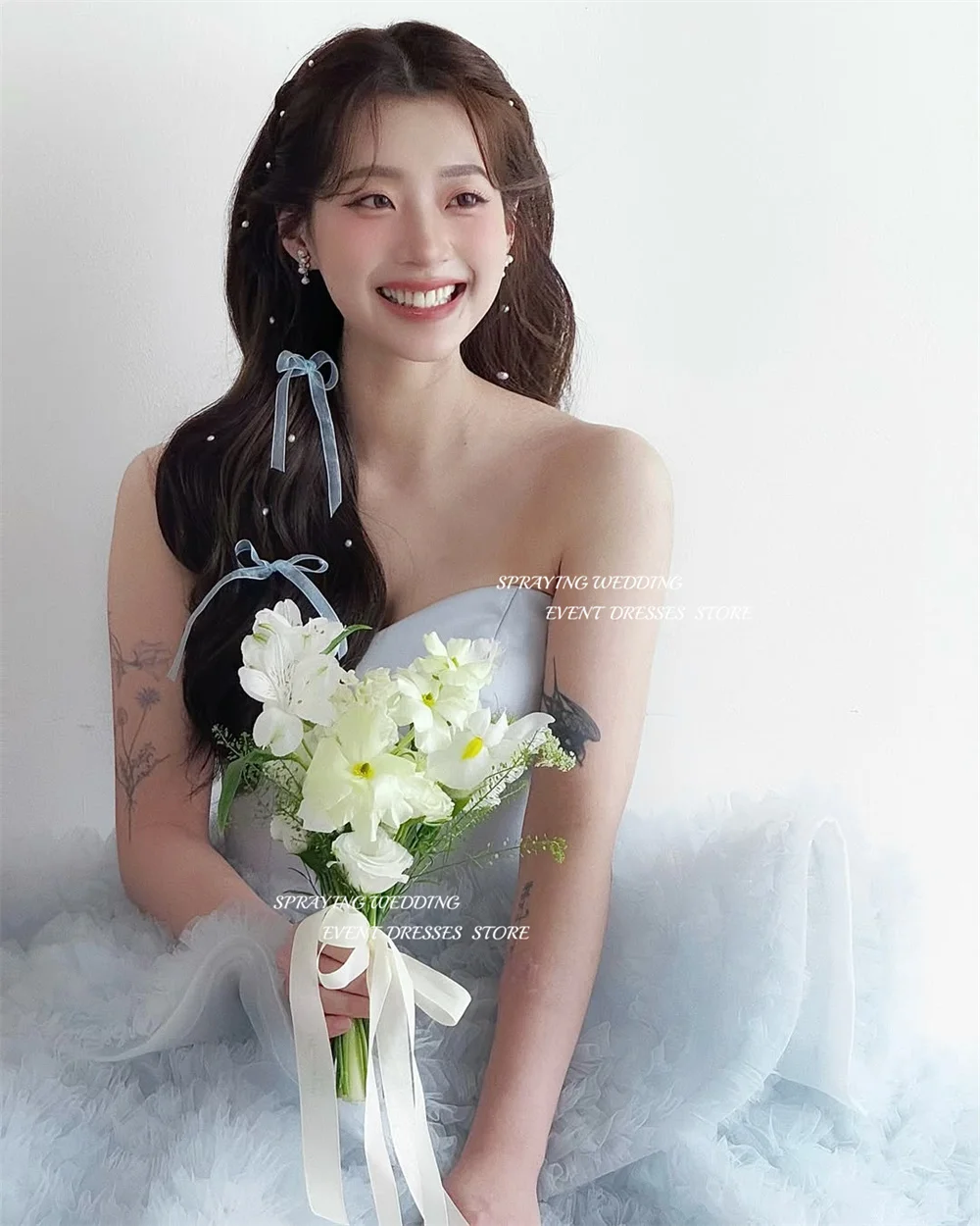 SPRAYING luxe bleu Corset robe de soirée corée robe de mariée séance Photo Tulle chérie longue robe de soirée à plusieurs niveaux personnalisé