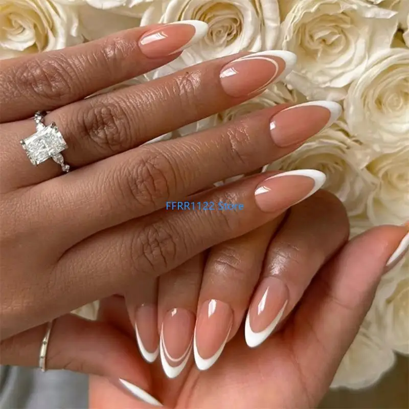 

Y1UF 24 Pcs Glossy False Simple Acrylic White French Tip Press On