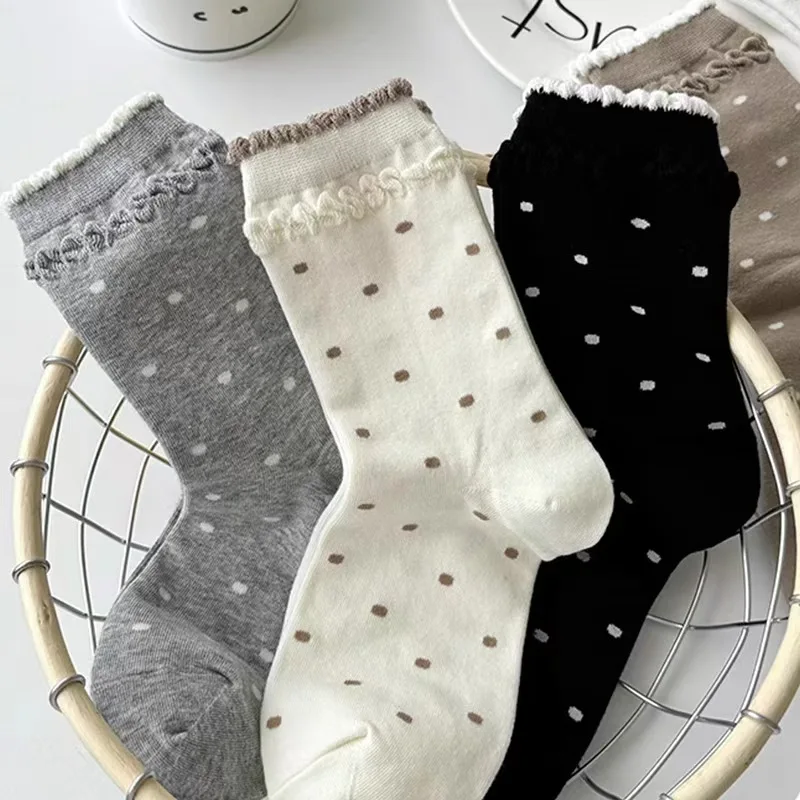 Kaus kaki wanita renda putih musim gugur tabung tengah kaus kaki hangat katun Harajuku Retro Polka Dot Ruffle gadis hadiah nyaman gaya Preppy