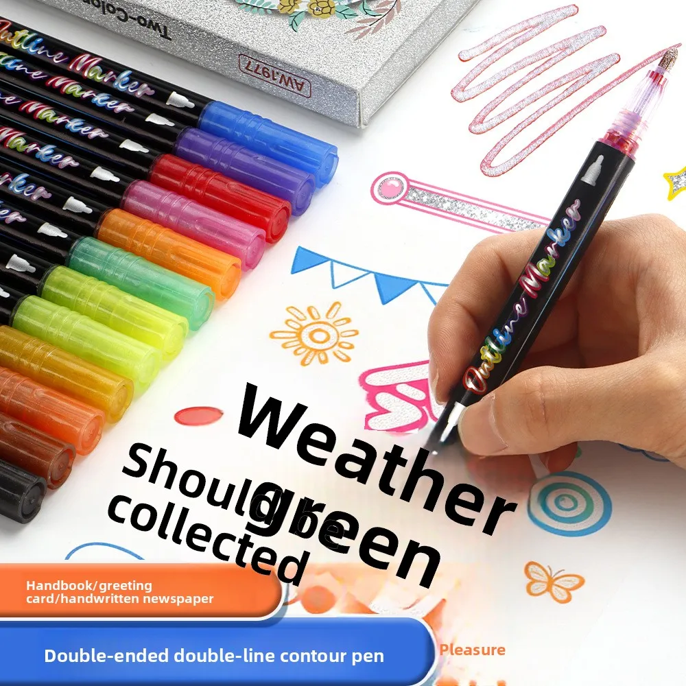 24Color Dual Line Pen Student Diy Contour Pen Set Fluorescent Marker Pen Canvas Rock Painting Glass Ceramic Surface Marking