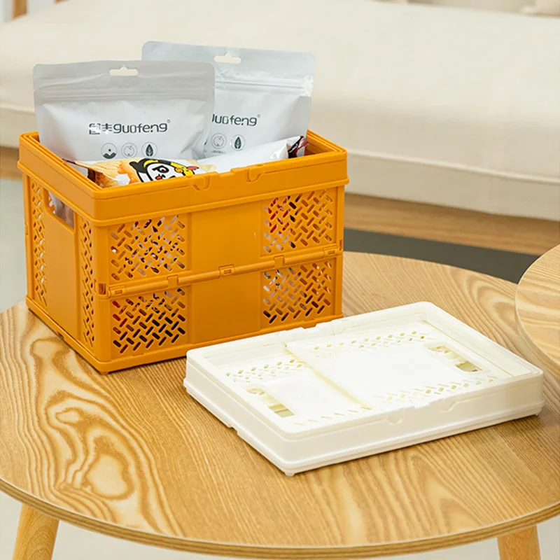 

Foldable Storage Crate with Handle Hollow Design Plastic Collapsible Organizer for Snacks and Home Supplies Storage