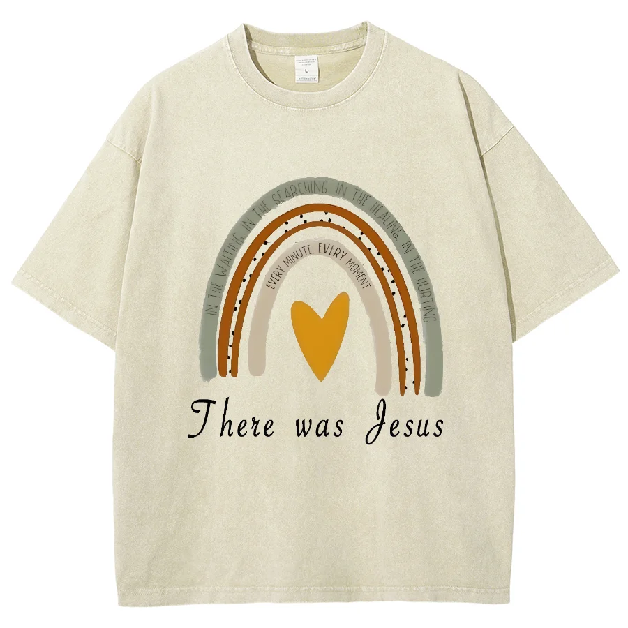 

There Was Jesus Y2K Washed Short Sleeves Tshirt, Printed Creative Casual Unisex Oversized Vintage Streetwear Fashion Plus-Size