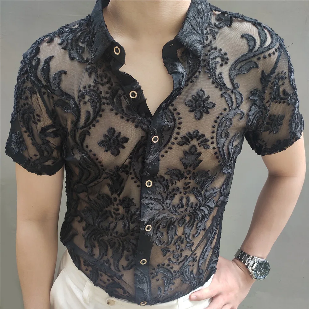 Green High Quality Transparent Floral Shirt Soft Velvet Slim-fit Men\'s Clothing Nightclub Short-sleeved Sexy Shirt See Through