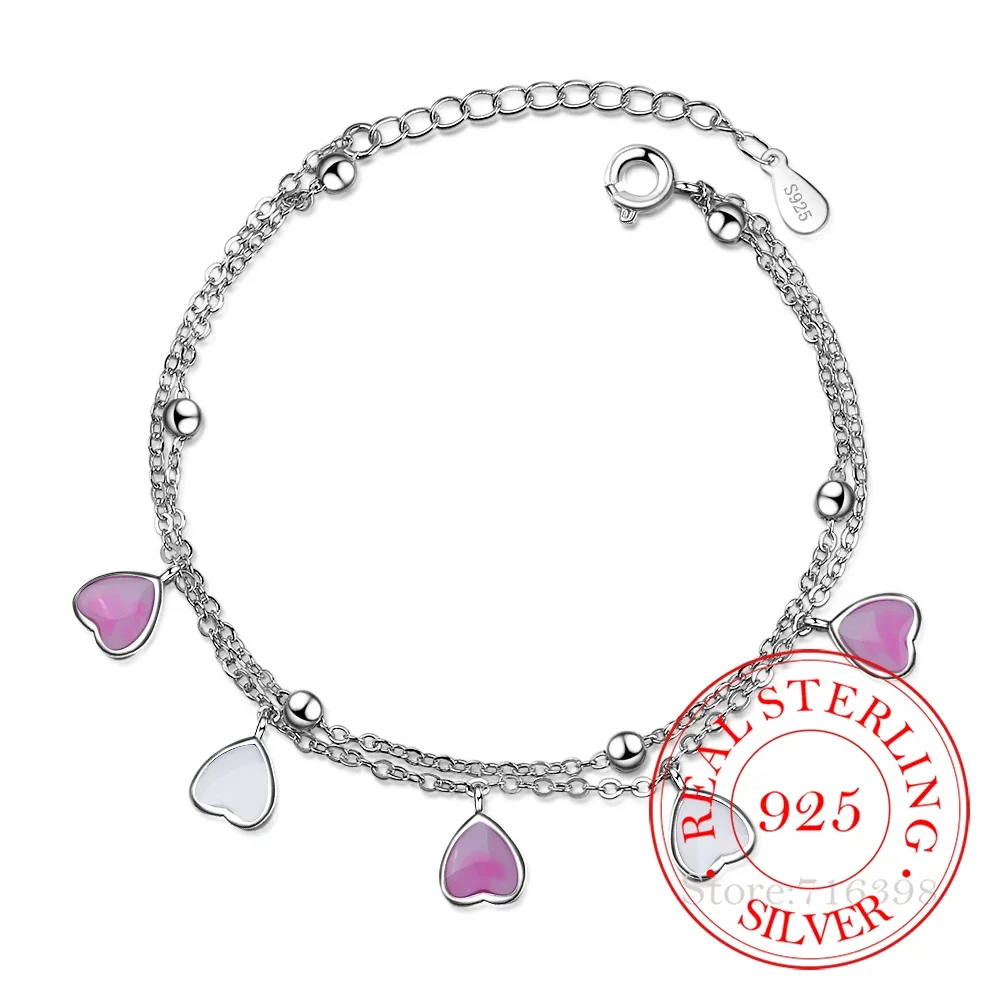 New 925 Sterling Silver Bracelets For Women Pink Glaze Cherry Blossom Petals Gradient Heart Shaped Double Layer Chain