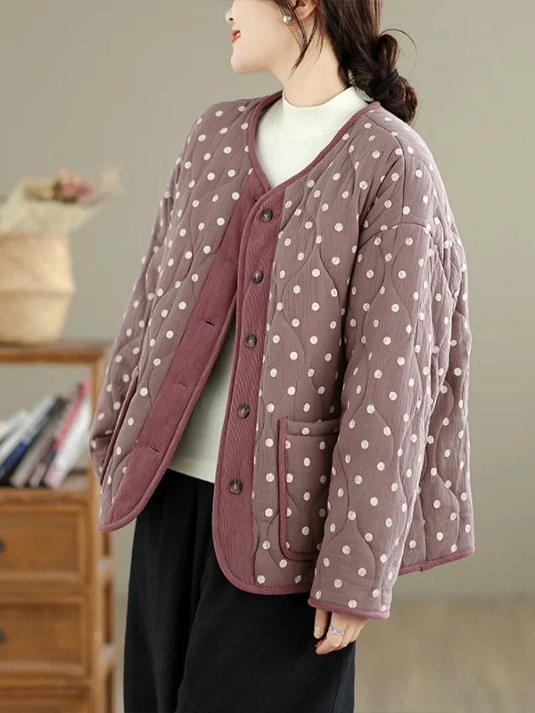 

Retro Polka Dot round Ne Cotton Jaet Women's Loose Home Wear Winter Warm ort Coat Lightweight Anti-Aging