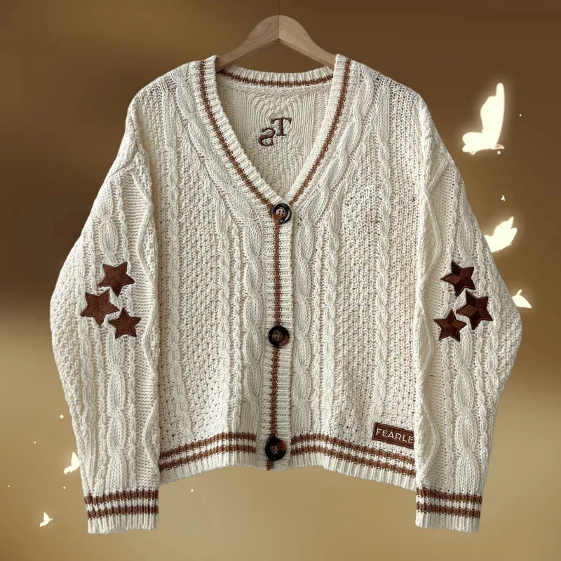 Fearless Star Cardigan Sweater Female Y2K Clothes Autumn Winter Star Embroidered Knitted Cardigans Women Holiday Knitwear Tops