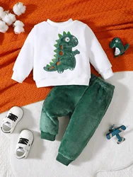 Baby Boy Autumn And Winter Cartoon Dinosaur Embroidery Hoodie Plush Two-piece Set