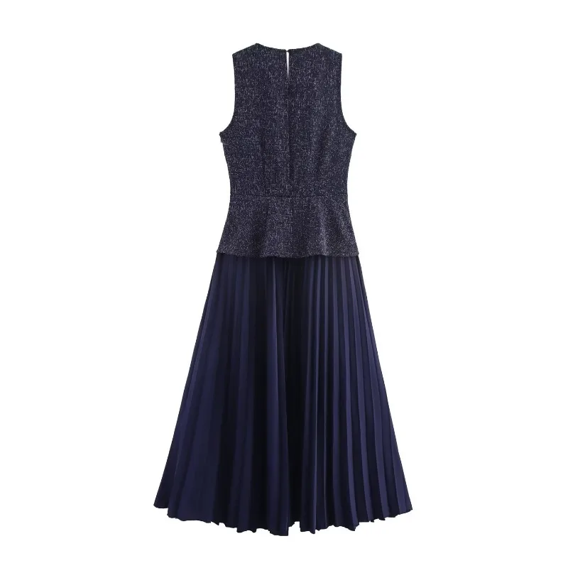 Long Blue Patchwork Dress Sleeveless Slim Pleated Vest Skirts O Neck Office Lady Evening Gowns Spring New Elegant Party Dresses