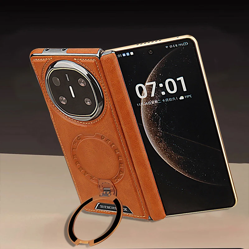 

Business Style Leather Folding Screen Phone Case, For Huawei Mate X6 X5 360 ° Rotating ring Bracket Magnetic Charging Phone Case