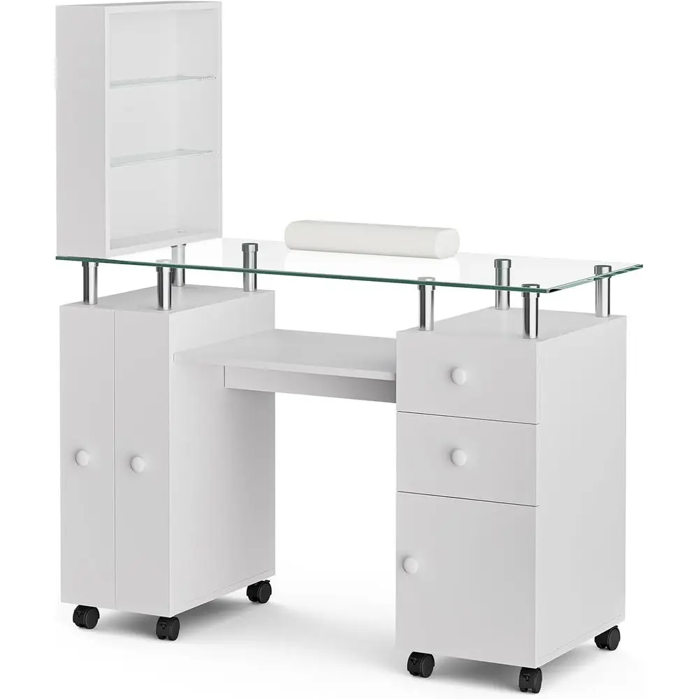 

Станция для маникюра со стеклянной столешницей, отсеками для хранения, открытыми полками, подушкой для запястья и блокирующимися колесиками - устойчивая к акрилу, белая