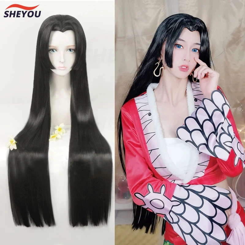 

Boa Hancock Cosplay Wig 95cm Boa Hankokku Styled Black Long Straight Heat Resistant Synthetic Hair Wigs + Earrings