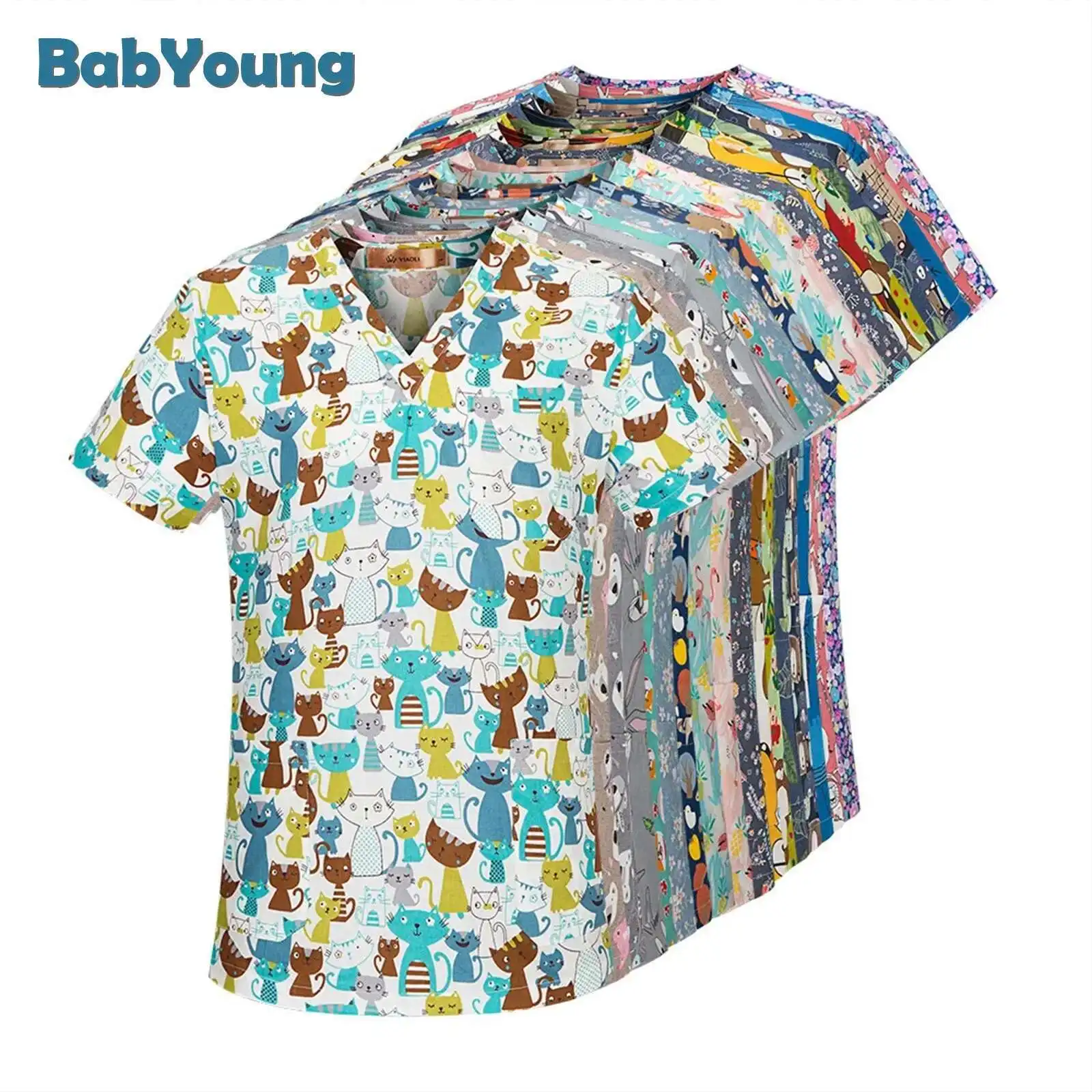 Women's Animal Short Sleeve V-Neck Carer Top Nurse Uniforms Woman Tops Beauty Salon Working Uniform Cartoon Print Workwear