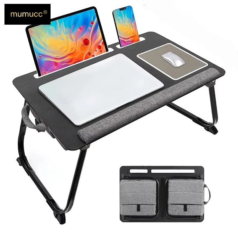 MUMUCC Portable Bed Table For Laptop Folding With Foldable Cushion,Handle,Slot And Mouse Pad, Wooden Gaming Desk