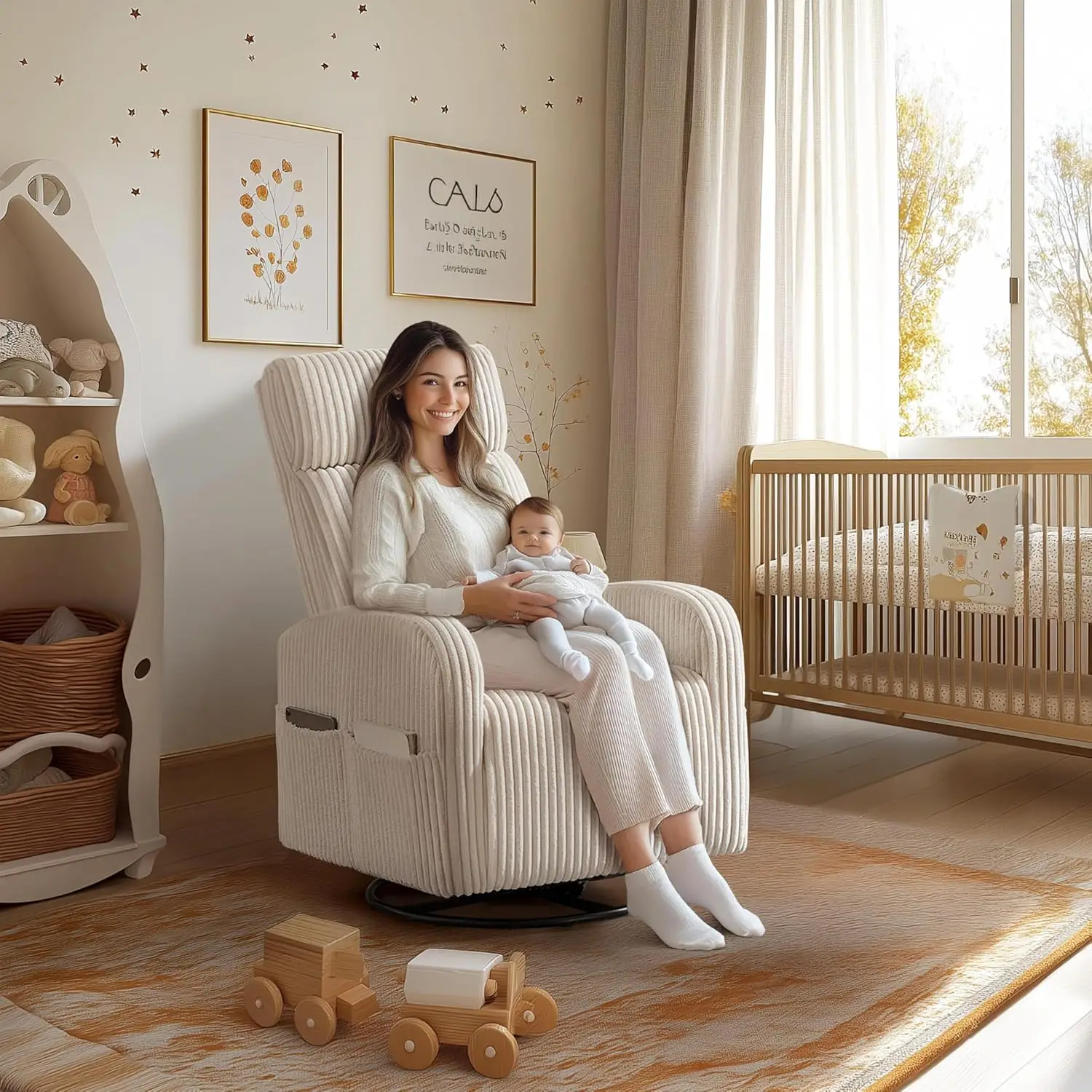360° Swivel Nursing Chair with Side Pockets, Beige | Rocking Chair with High Backrest and Armrest, Corduroy Glider, 300lb Capacaity for Living Room, Bedroom, Nursery Room