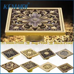 KEMAIDI 10cm Floor Drains Antique Brass Shower Floor Drain Bathroom Deodorant Euro Square Floor Drain Strainer Cover Grate Waste