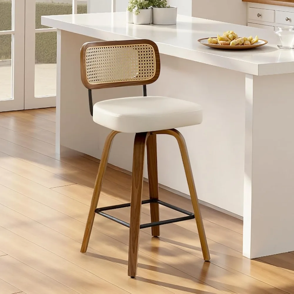 مقاعد بار ذات ارتفاع دوار، مقاعد بار منجدة من الجلد الصناعي مع ظهر من الخيزران، كراسي بار بارتفاع 26 مقعدًا للمجموعة #6