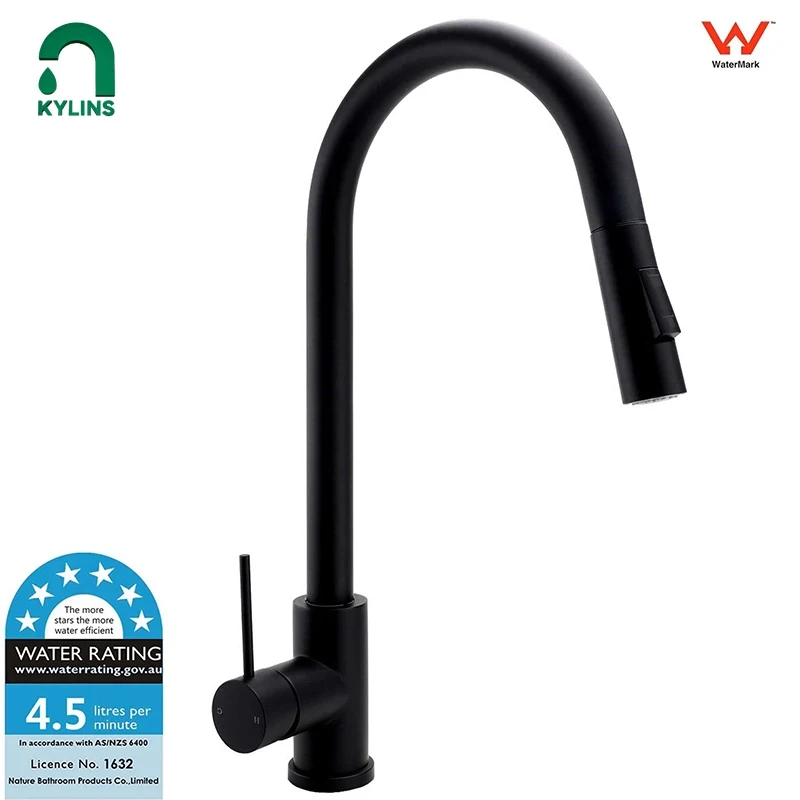 KYLINS Kitchen Faucet SUS304 Black Two Function Single Handle Pull Out Mixer Hot and Cold Water Taps Deck Mounted Sink Mixer