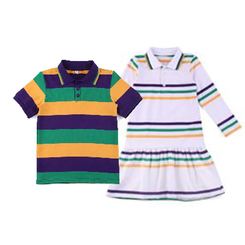 Boys Girls Mardi Gras Dress Stripe Ruffkids Tops Summer Cotton Sibling Matching Baby Kids Clothes Polo T Shirt