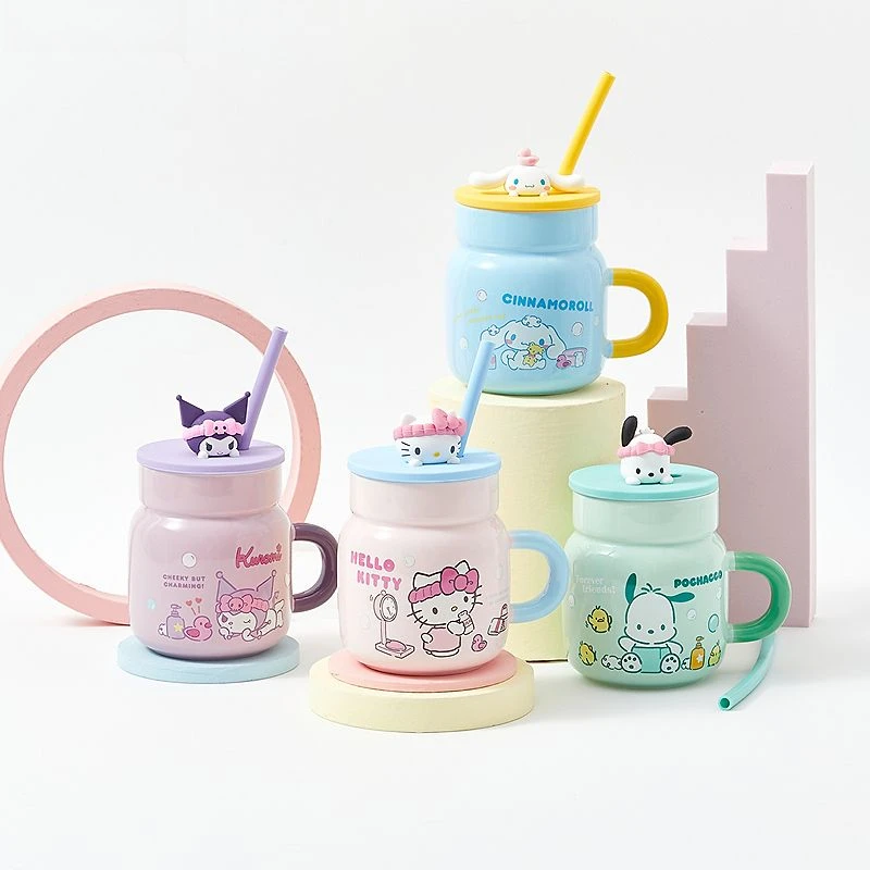 Creative Cinnamoroll Hello Kitty Ceramic Straw Cup Sanrio Cartoon Kawaii Kuromi Pochacco Home Fashion Cup Water Cup Wholesale