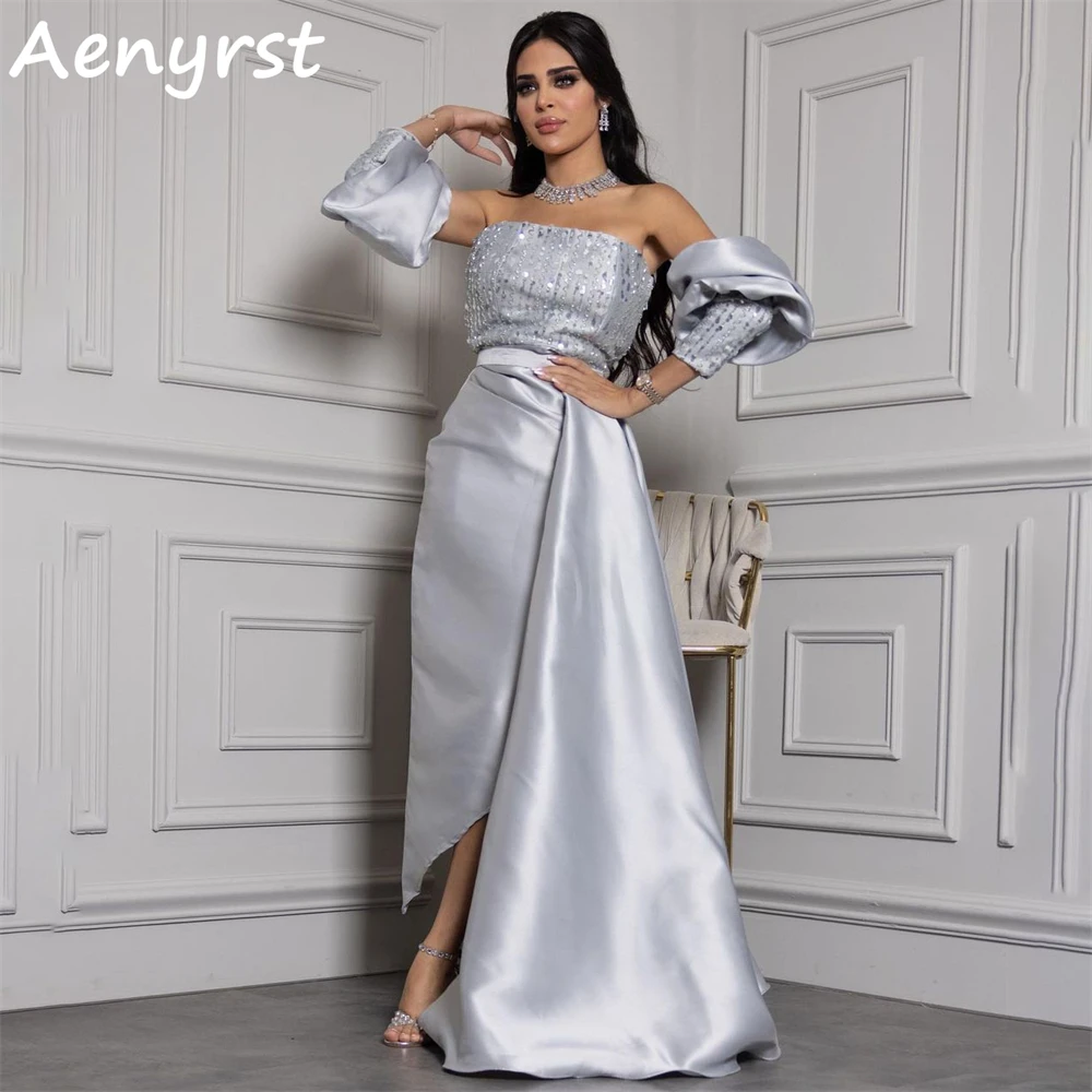 

Aenryst Sliver Strapless Sequined Satin Evening Dresses Mermaid Slit Detachable Sleeves Prom Dress Tea Length Formal Party Gowns