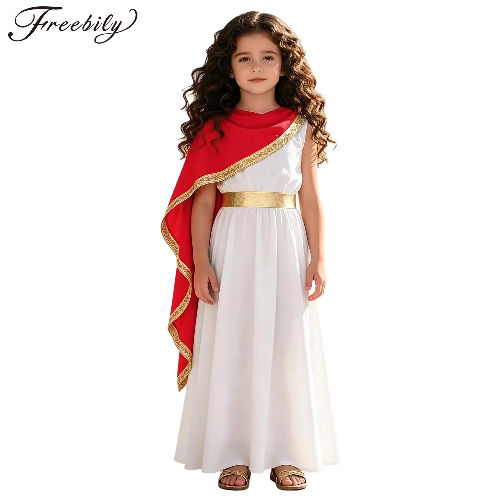 Girl Ancient Greek Athena Goddesses Toga Costume Halloween Cosplay Roman Princess Robe Sleeveless Metallic Gold Trim Shawl Dress