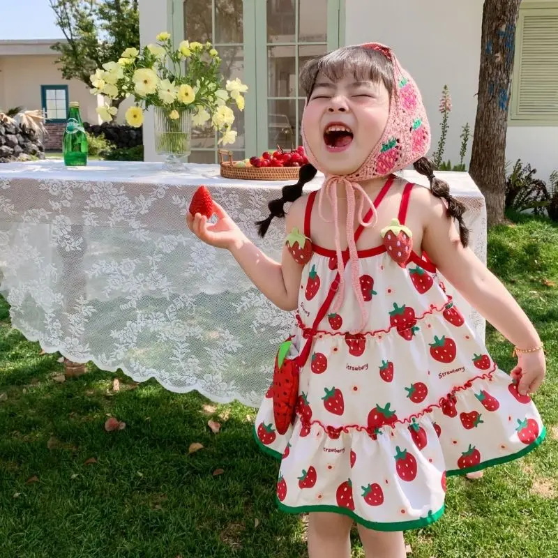 Baby Kids Summer Children Cotton Strawberries Princess Sleeveless Slip Dress Birthday Party Childrens Girls Kids Beach Skirts